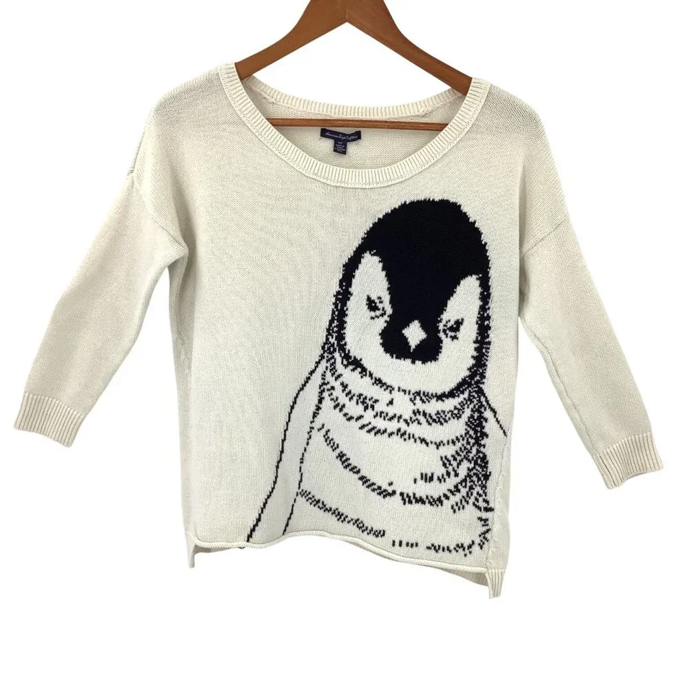 American Eagle Outfitters Women's Cream Black Penguin Knit Sweater Small - Picture 1 of 5